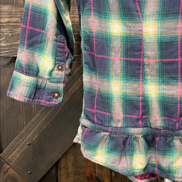 Hollister Mixed Plaid Flannel Top L Teal Pink Tartan Checkered‎ Drawstring Waist - Picture 7 of 10